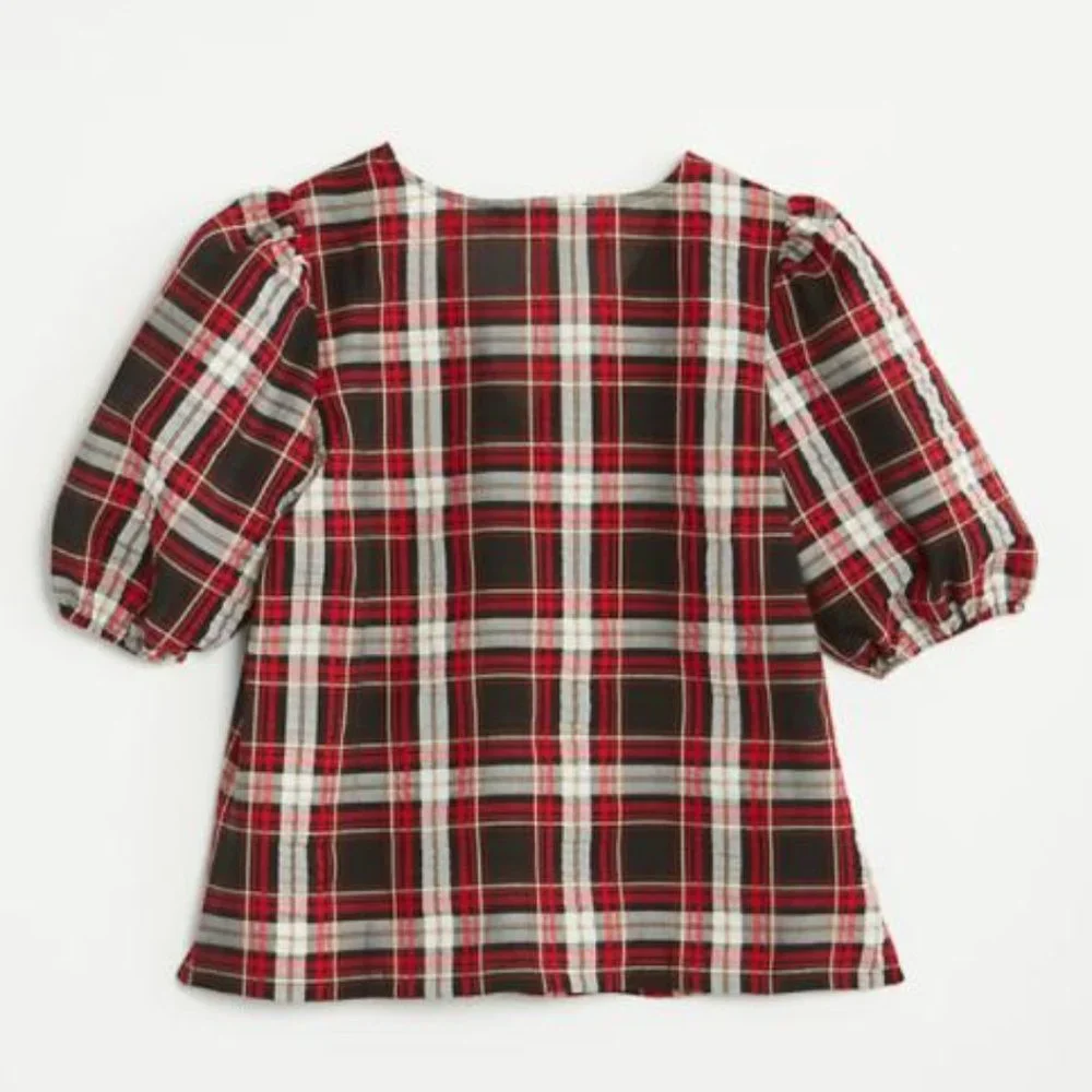 LOFT Women's NWT Petite Plaid‎ Puff Sleeve Top